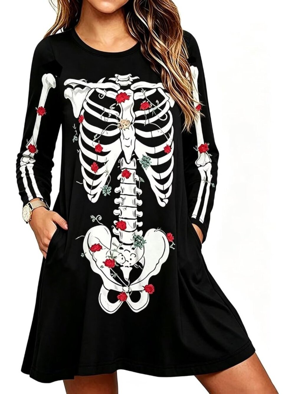 🆕Women's Floral Skeleton Halloween Long Sleeve Swing Dress with Pockets